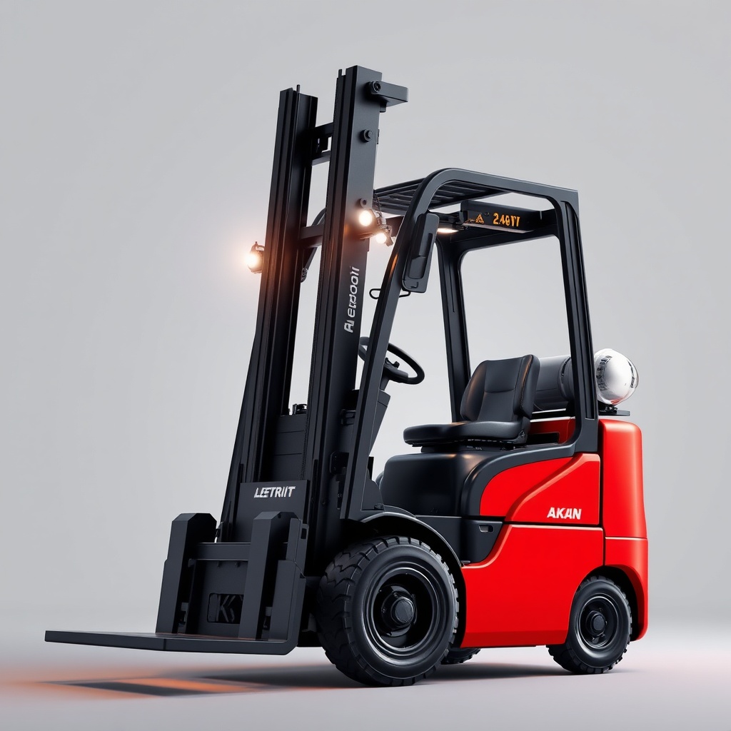 Bir depoda yük kaldıran modern bir elektrikli forkliftin yan görünümü