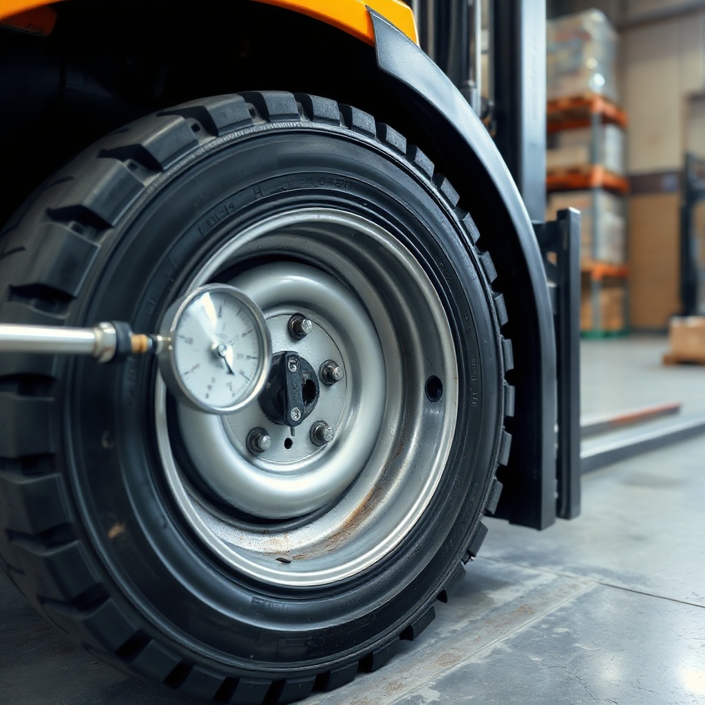 A clean photorealistic photo of a Genel forklift's tire being inspected with a pressure ga