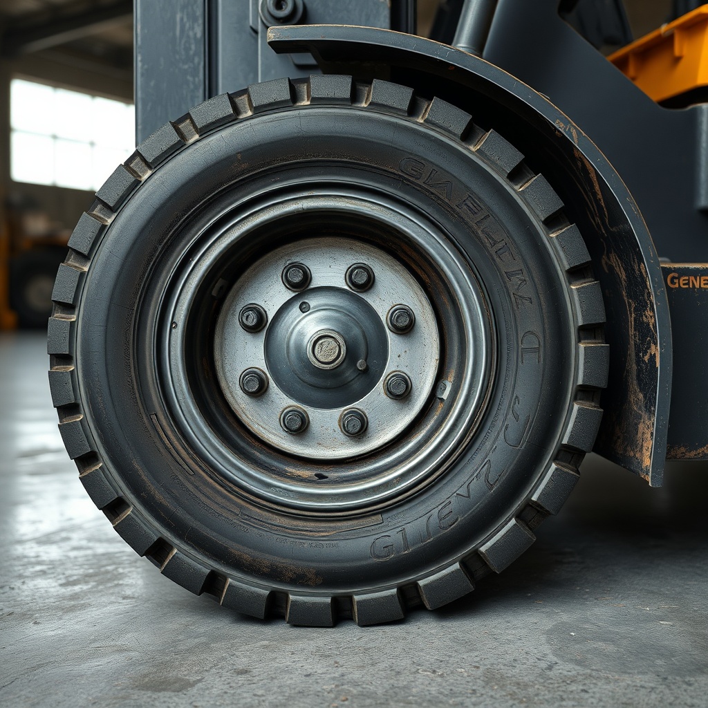 A clean photorealistic photo of a Genel forklift tire with visible cracks and worn tread