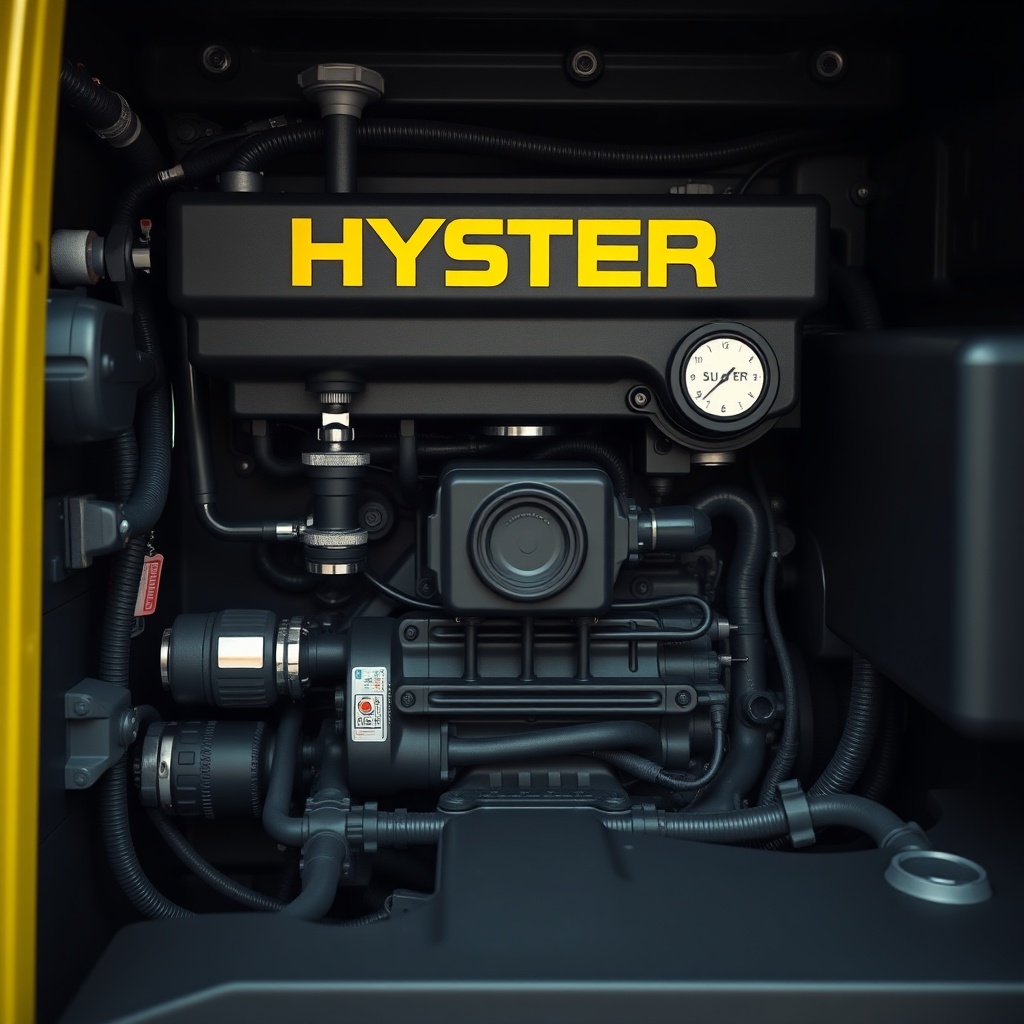 <clean photorealistic photo of a Hyster H50XM forklift engine bay showing oil dipstick and