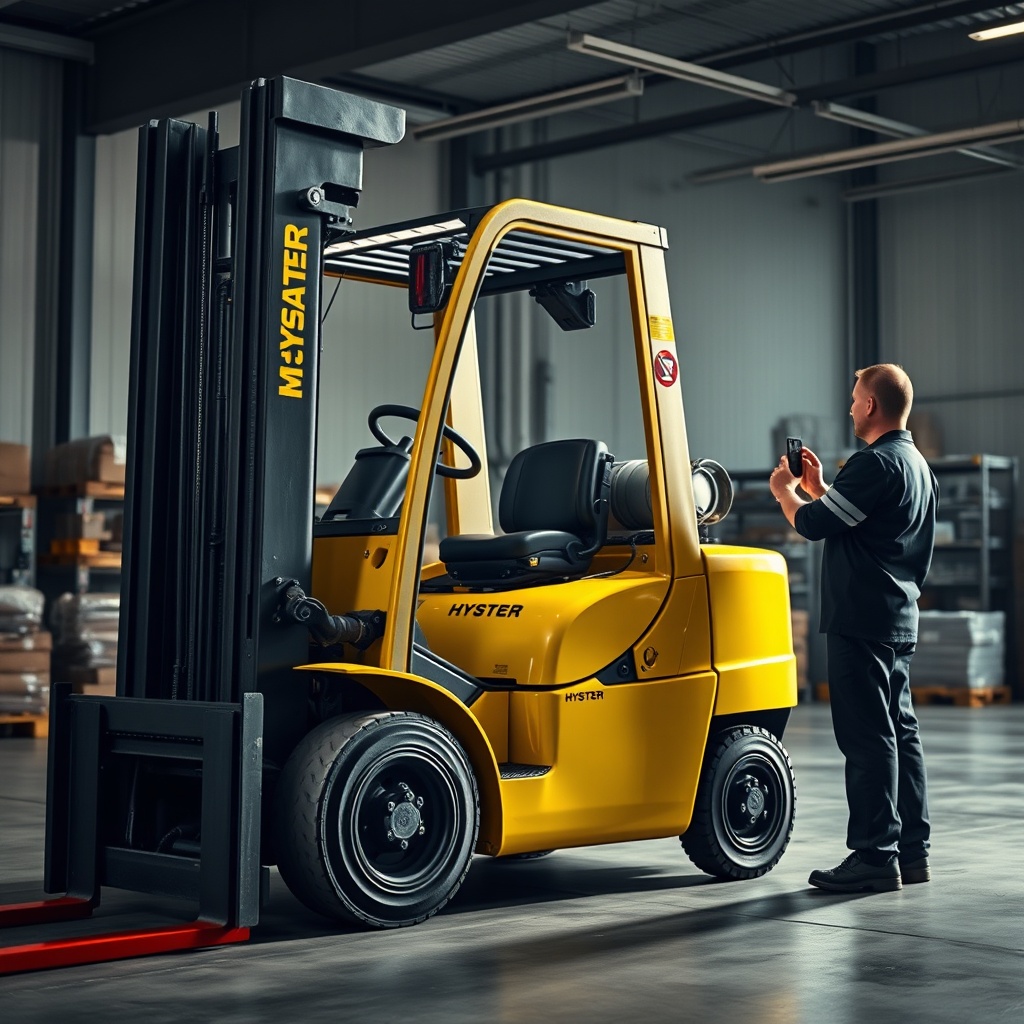 <clean photorealistic photo of a Hyster H50XM forklift being inspected by a mechanic in a