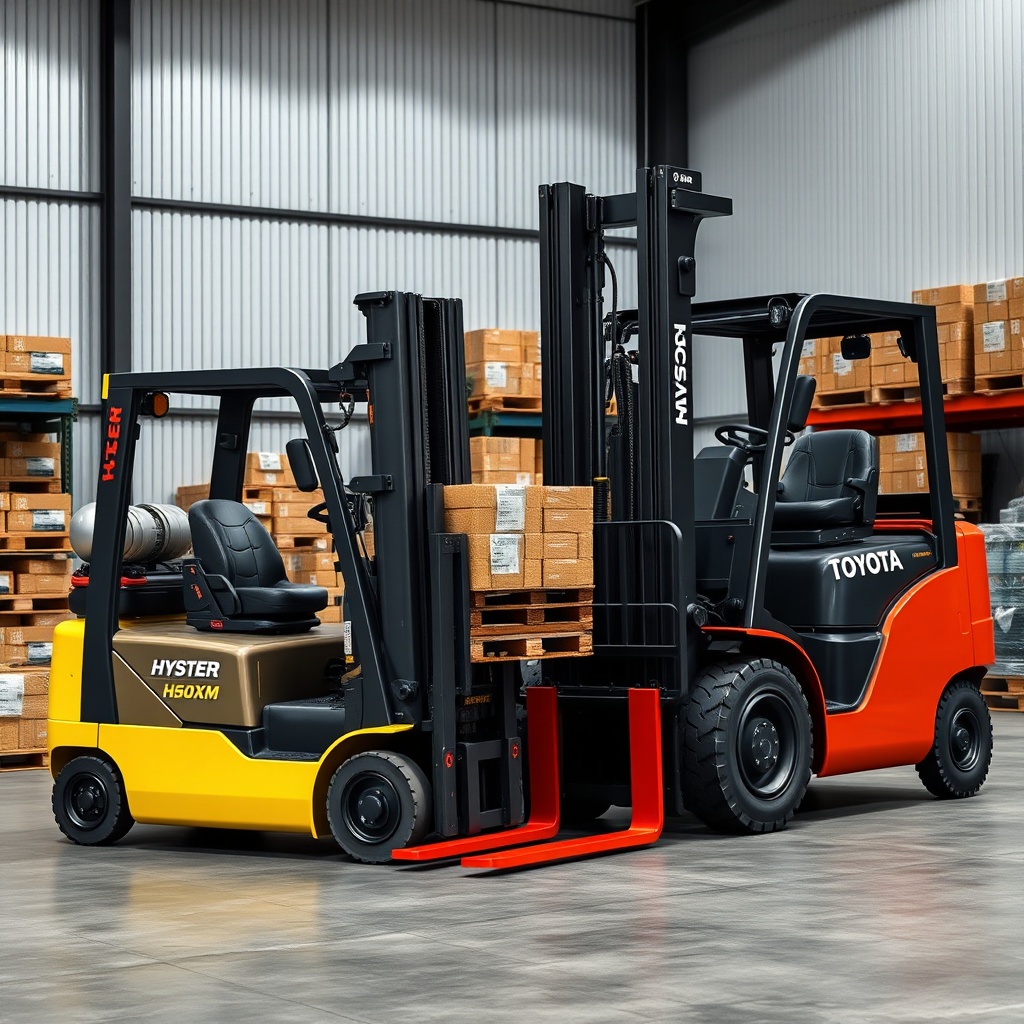 <clean photorealistic photo of two forklifts side by side in a warehouse