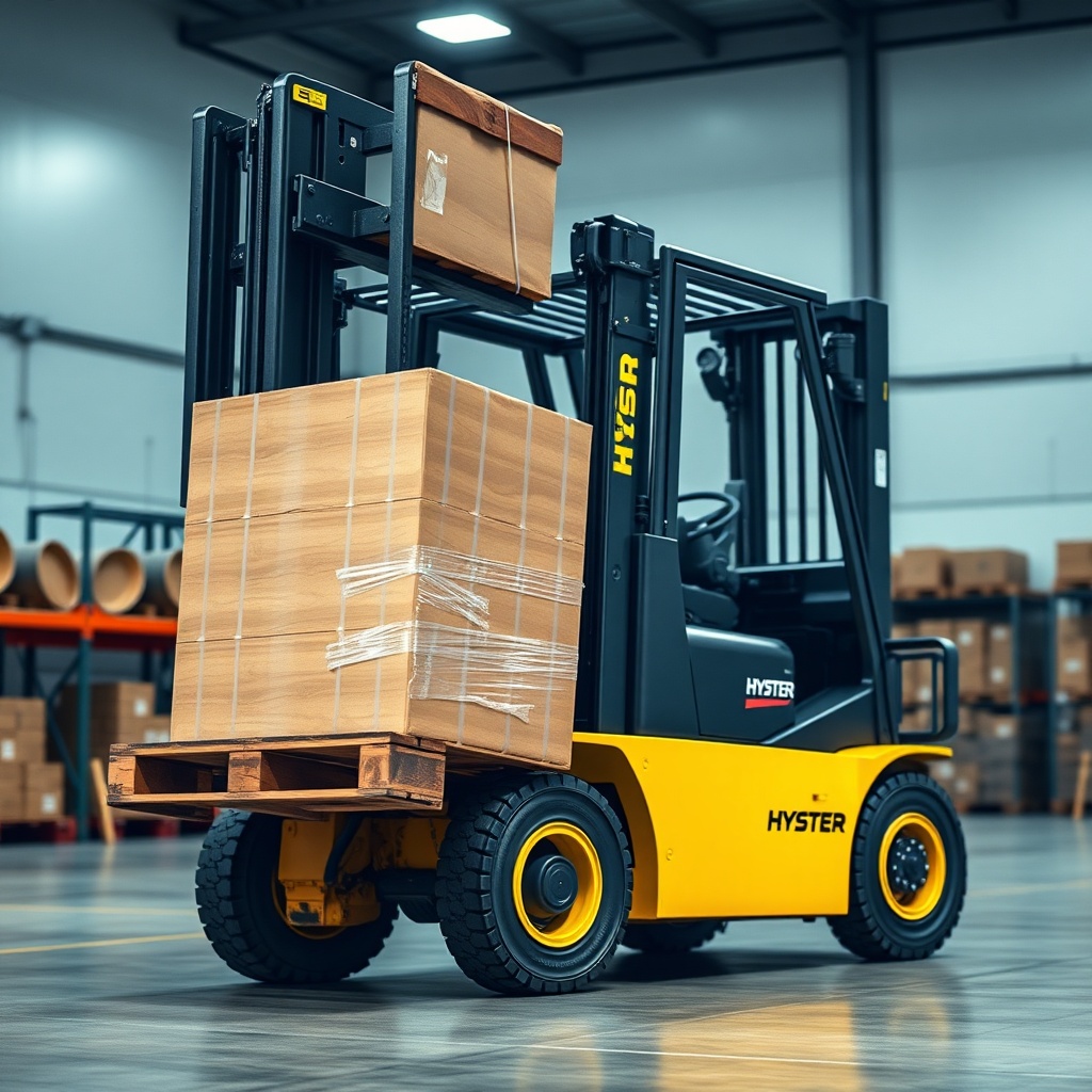 <clean photorealistic photo of a Hyster H50XM forklift lifting a pallet in a warehouse