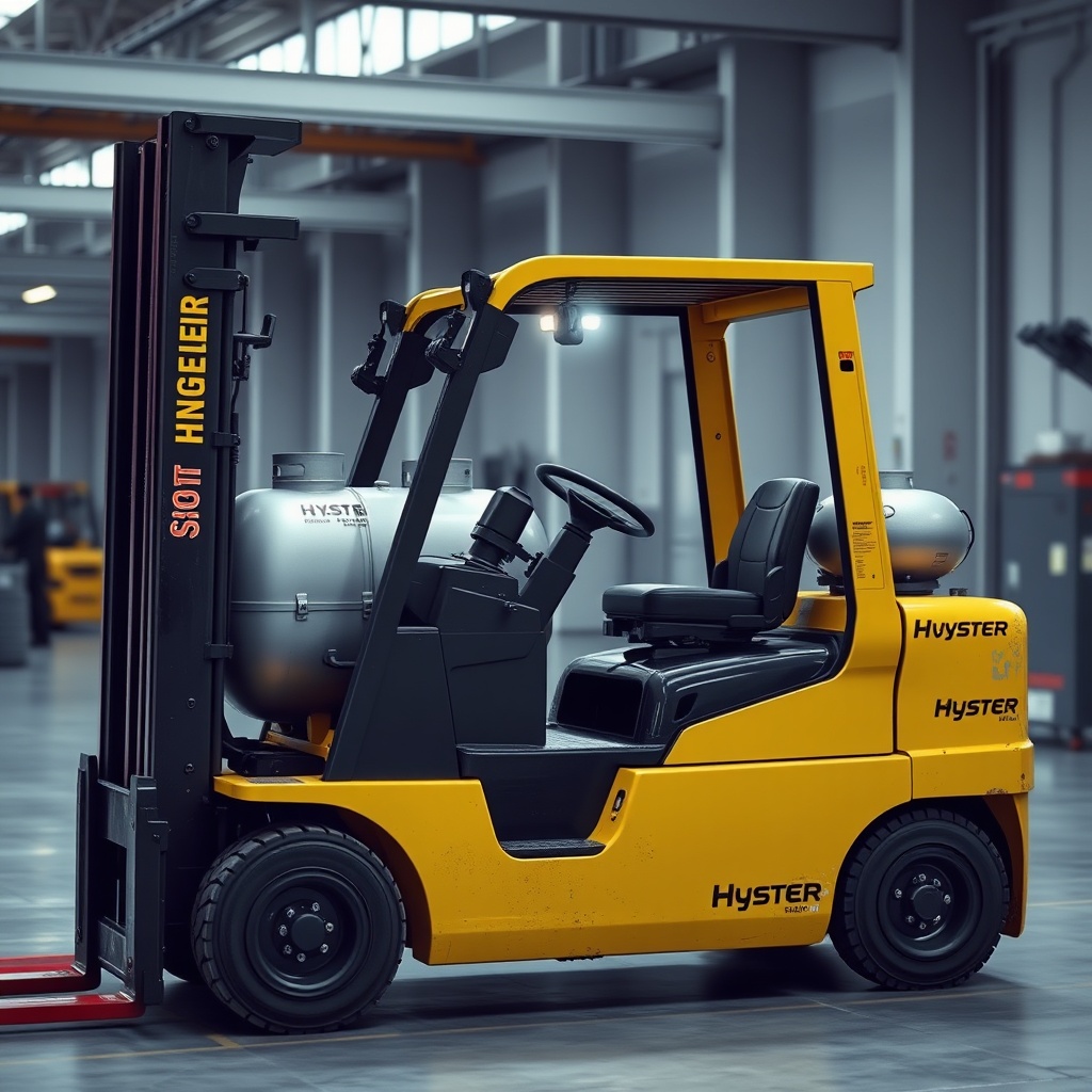 <clean photorealistic photo of Hyster H50XM forklift refueling with LPG tank in an industr