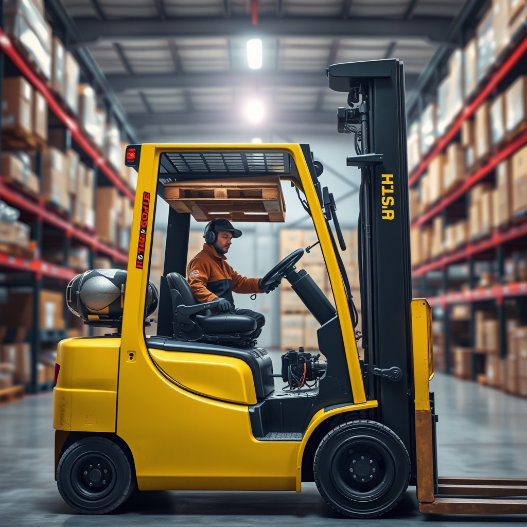 A photorealistic shot of a Hyster H50XM forklift operating in a busy warehouse