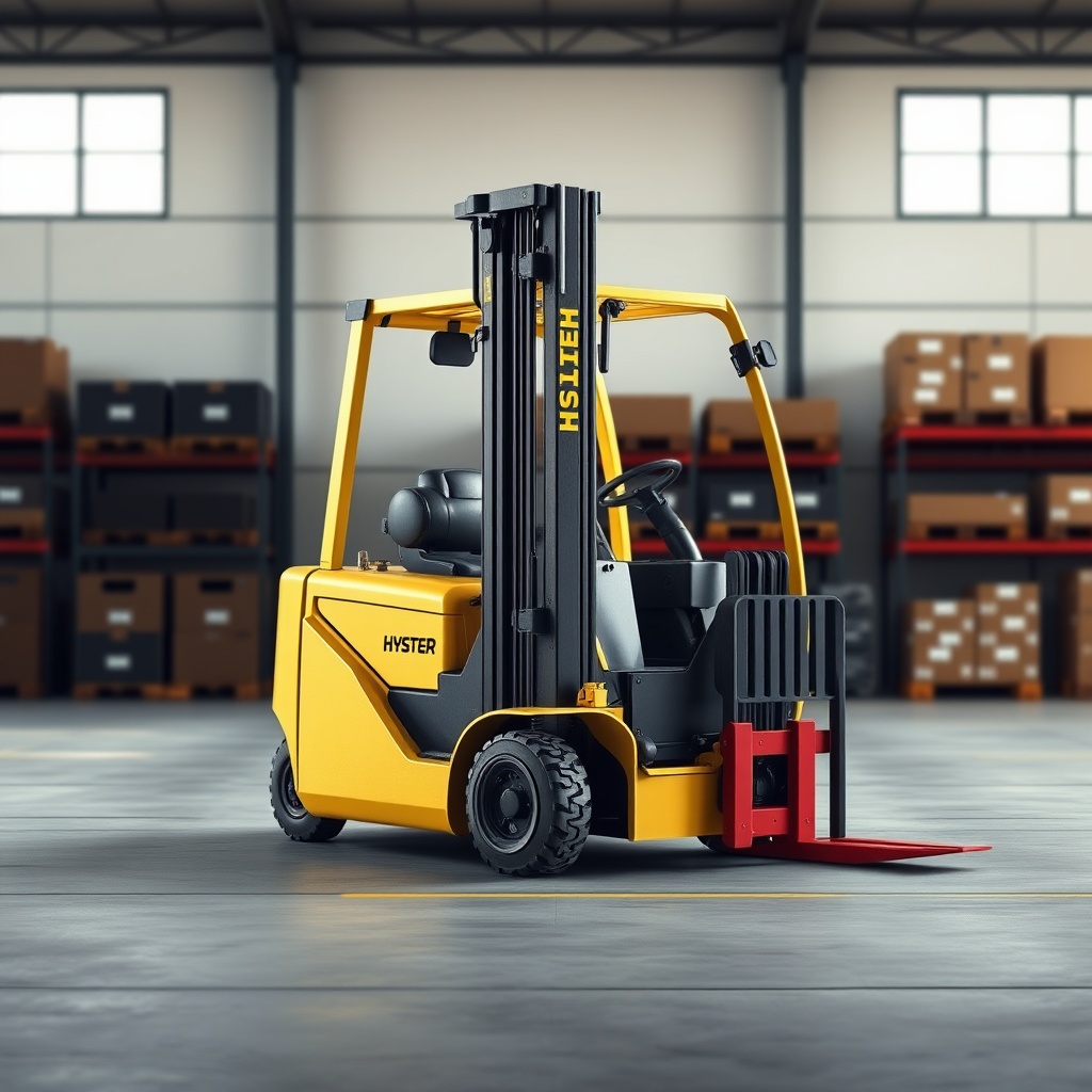 <clean photorealistic photo/illustration of Hyster H50XM forklift parked in a warehouse