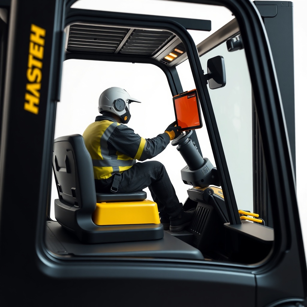 Hyster H50XM forklift operatörü konforlu kabinde çalışırken