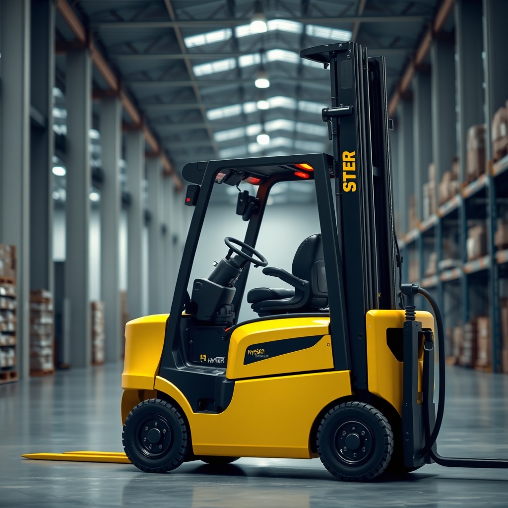 Hyster H50XM electric forklift charging in a bright warehouse