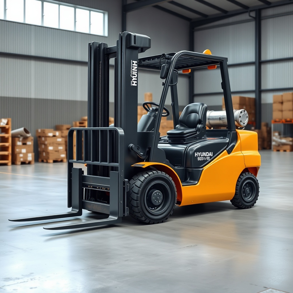 Clean photorealistic photo of a Hyundai 50D-7E forklift parked in a warehouse