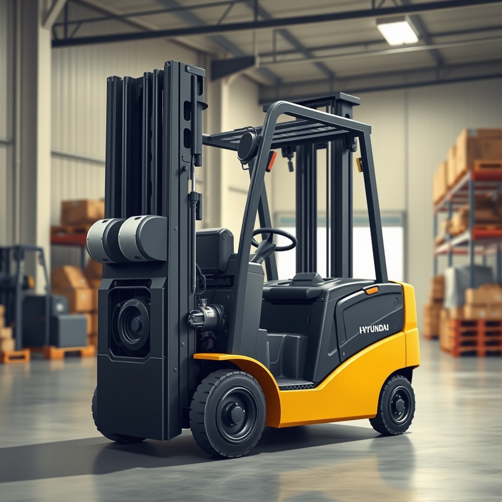 <clean photorealistic photo/illustration of a Hyundai 50D-7E forklift being serviced in a