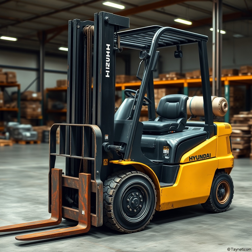 <clean photorealistic photo/illustration of a used Hyundai 50D-7E forklift with visible we