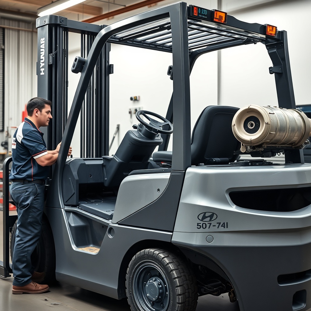 Clean photorealistic photo of a Hyundai 50D-7E forklift being inspected by a technician in