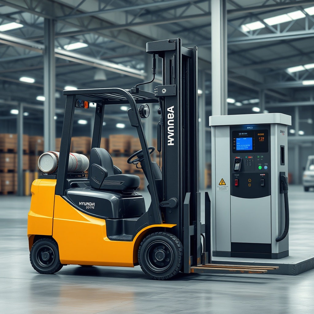 A photorealistic photo of a Hyundai 50D-7E forklift in an industrial warehouse