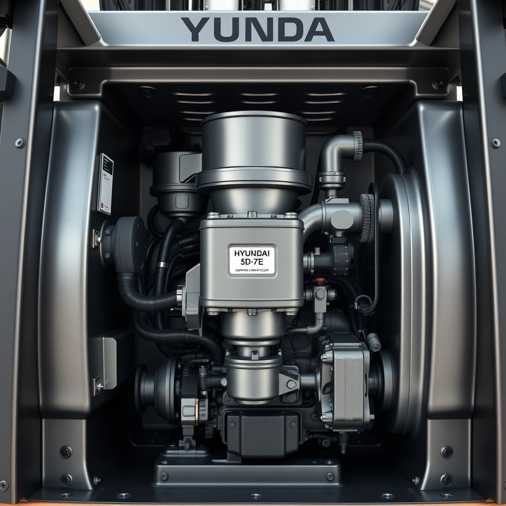 A photorealistic photo of a Hyundai 50D-7E forklift's engine compartment