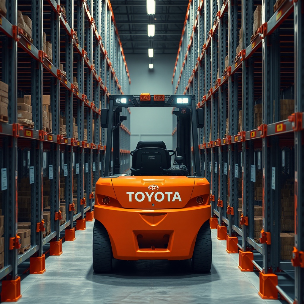 A clean photorealistic photo of a Toyota 8FGCU25 making a sharp turn in a narrow aisle bet