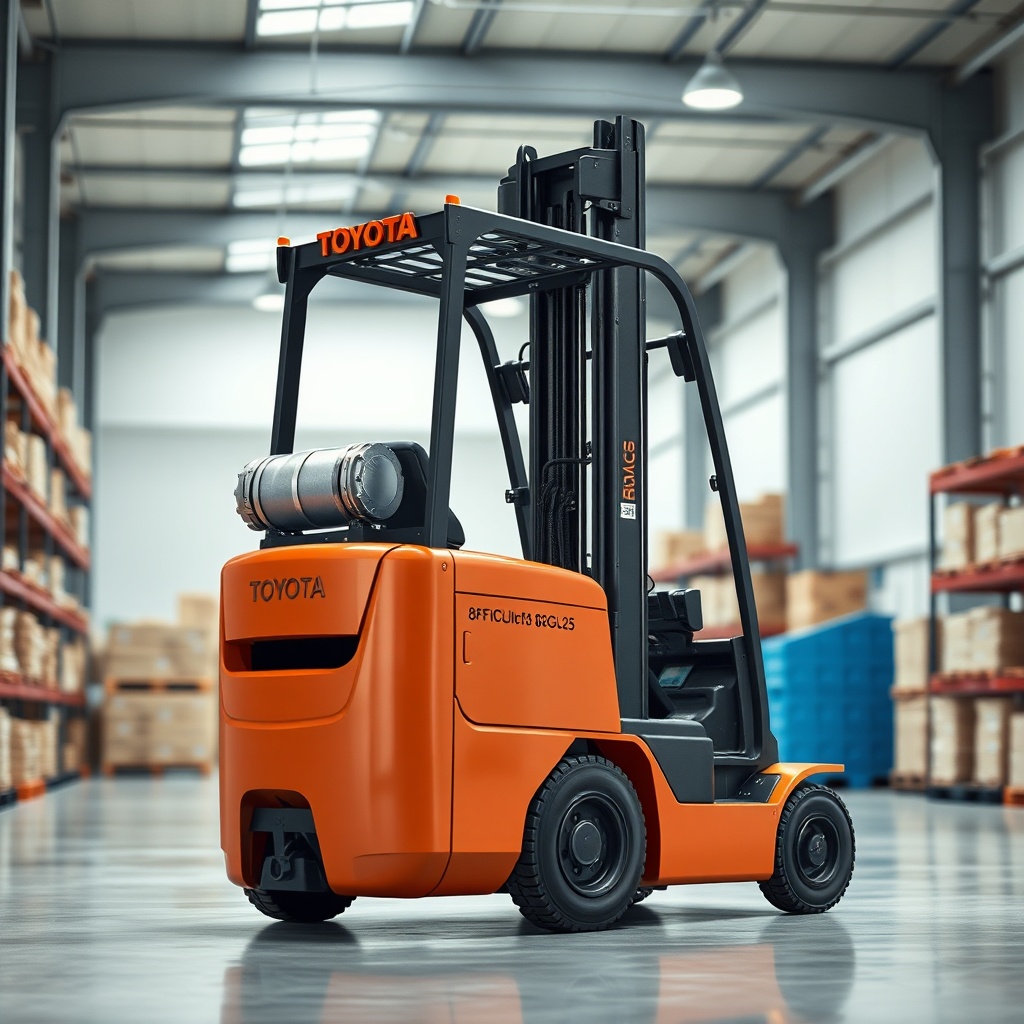 A clean photorealistic photo of the Toyota 8FGCU25 LPG forklift lifting a pallet in a brig