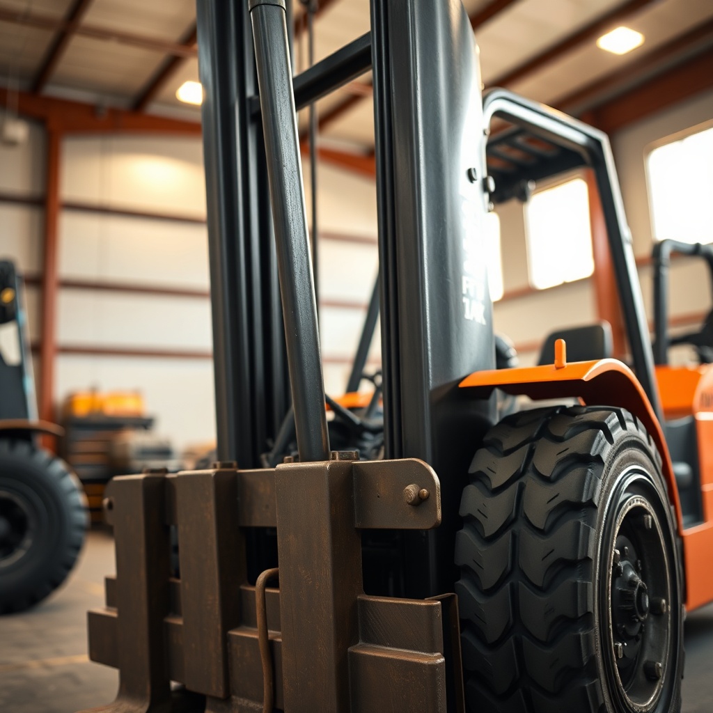 Close-up of forklift forks and tires in a workshop